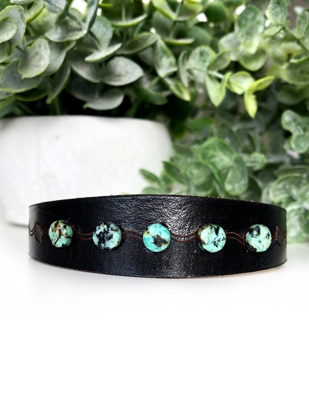 MishaGirl Slim Black Engraved Leather Bracelet: African Turquoise Beads Handmade
